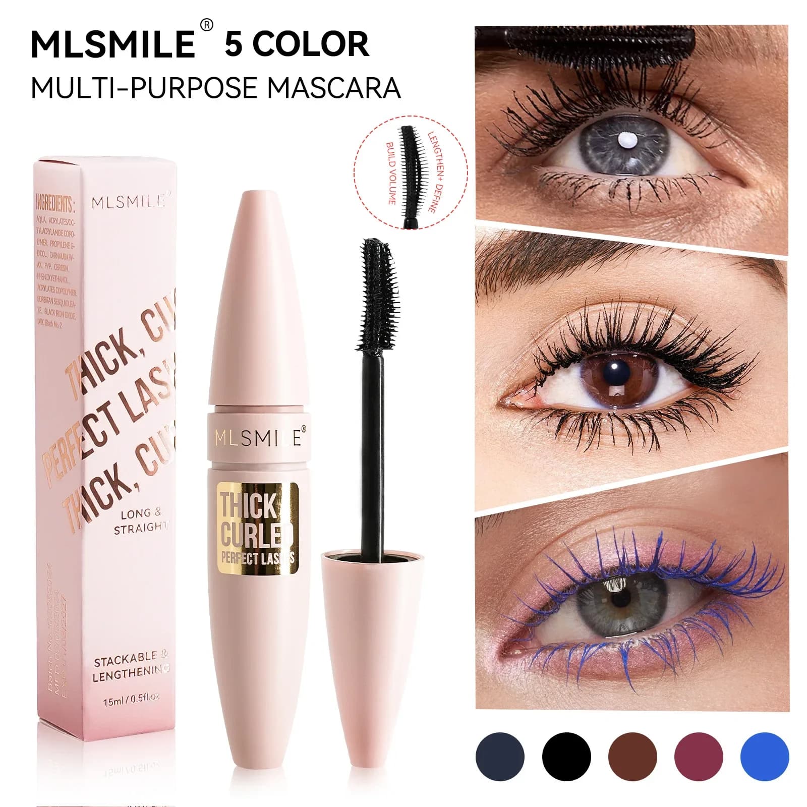 MLSMILE Nuovo Mascara in 5 Colori, Allungante, Volumizzante, Incurvante, Naturale, Impermeabile, Lunga Durata, Professionale, 15ml