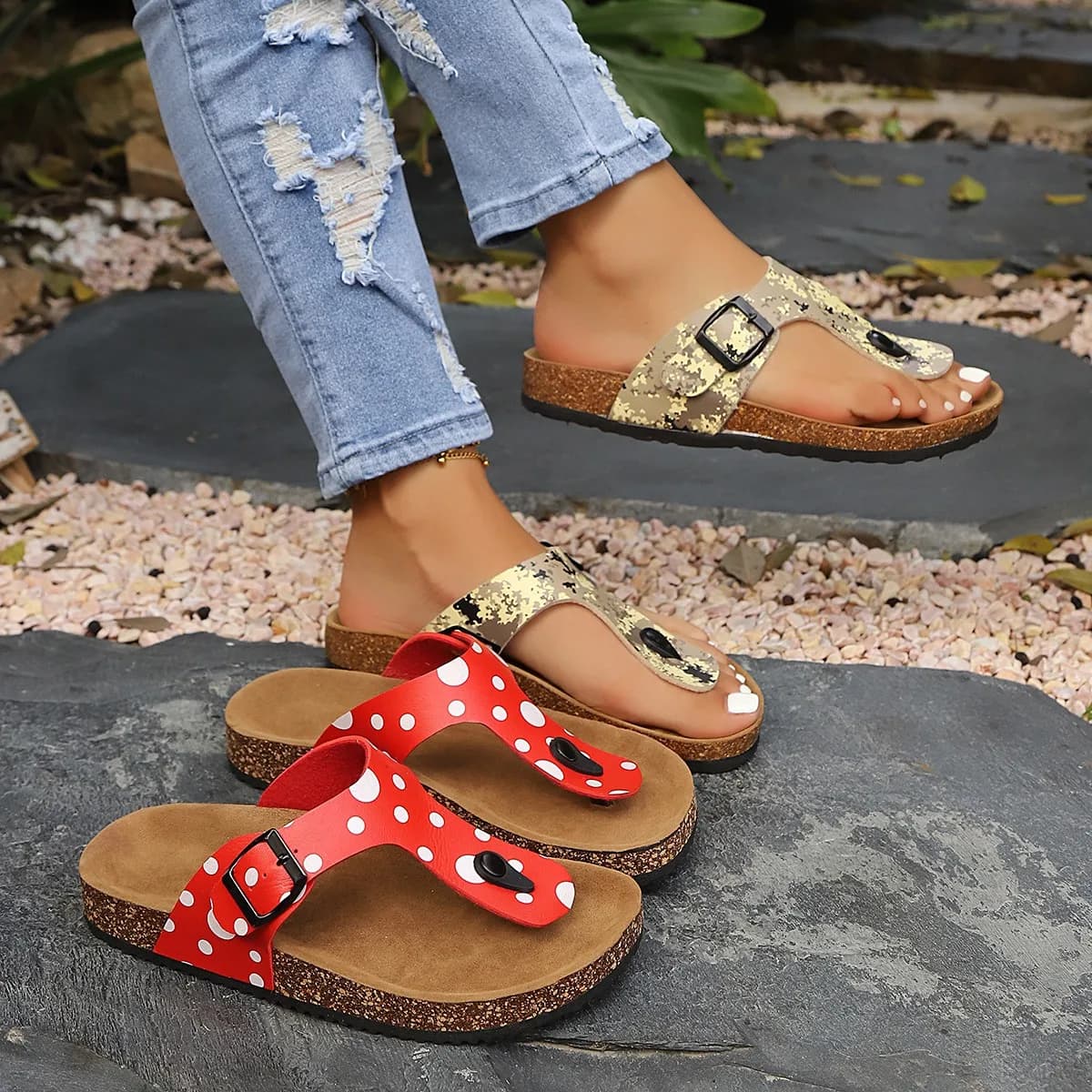 Summer Women Cork Platform polka dot belt buckle Slippers Fashion Comfort Outdoor Flip Flop Anti Slip Beach Sandals Slides