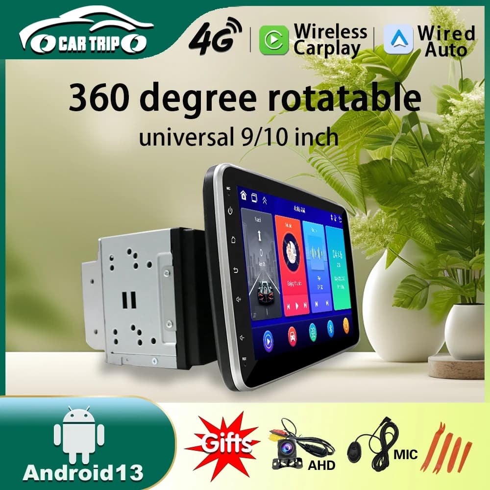 Universal autoradio 2 DIN 9/10 inches with Carplay, Android 13, multimedia player, 360 degree rotation.