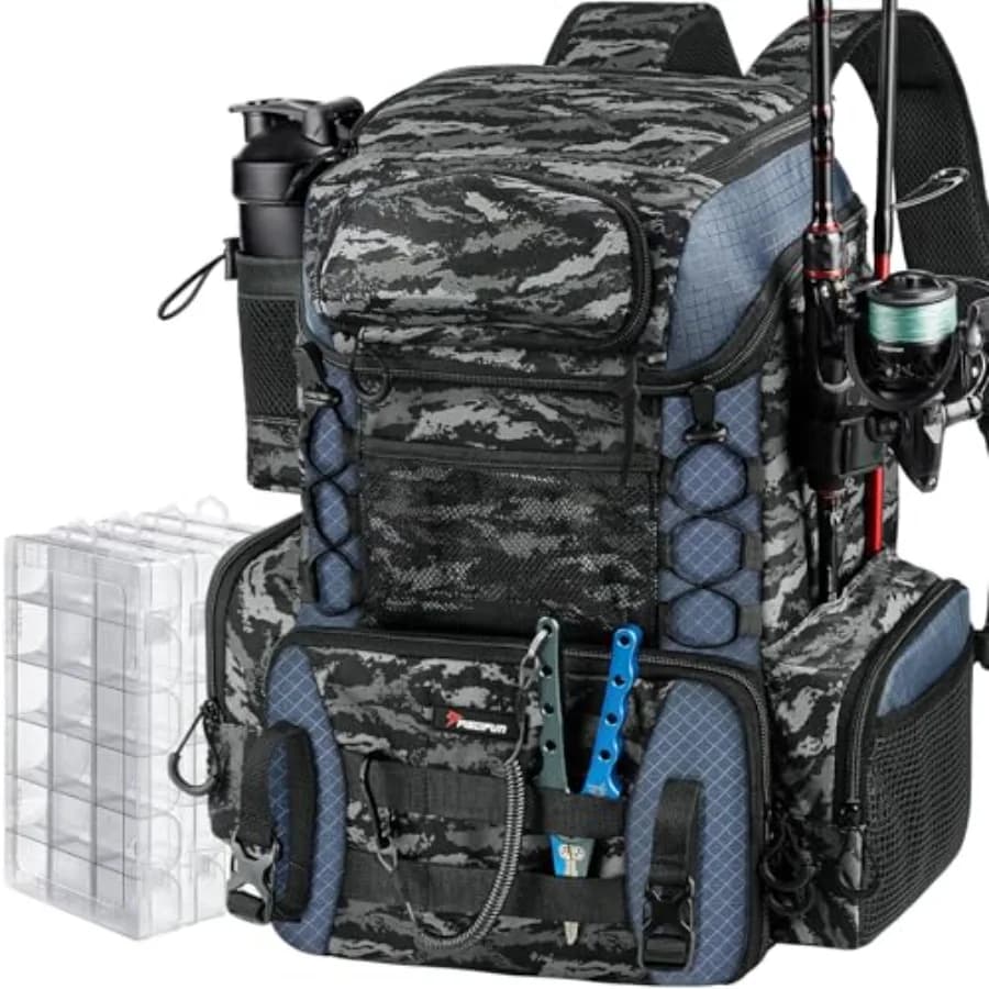 Fishing Backpack with Candle Holder, 4 Tool Boxes, 42L Outdoor Fishing Bag with Rain Cover Waterproof