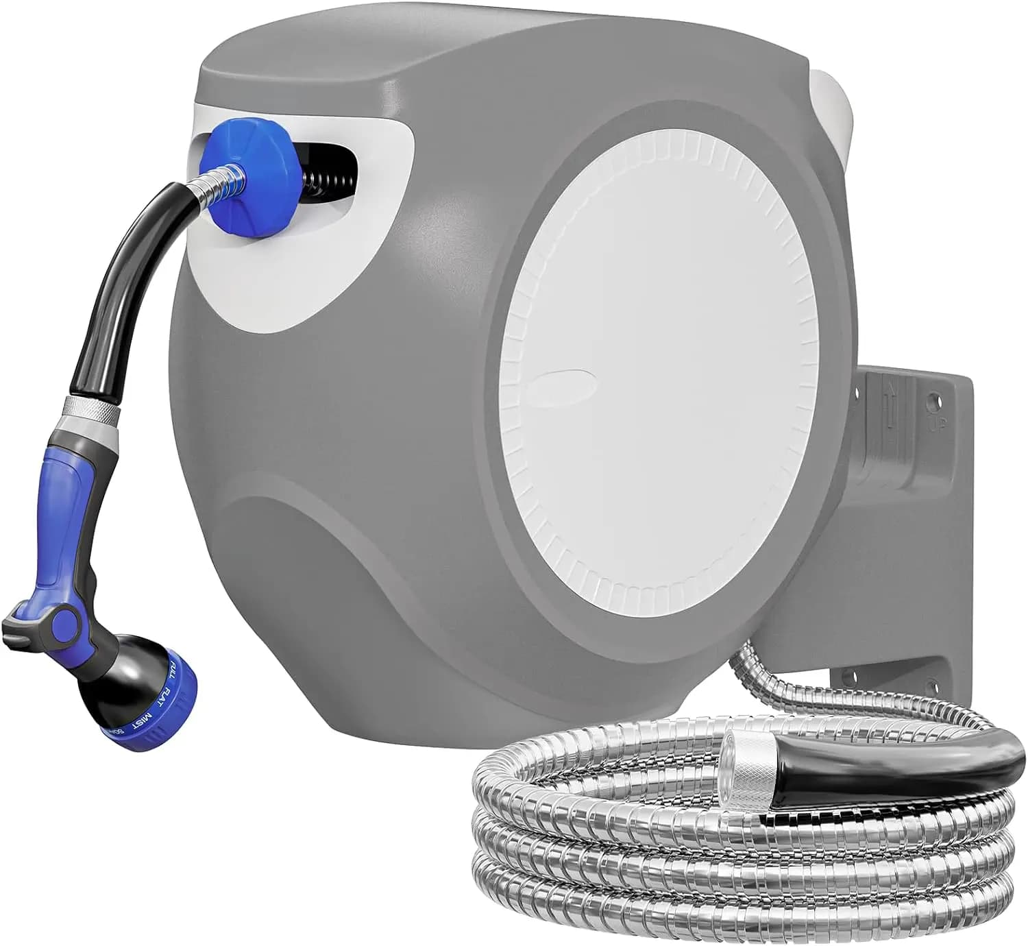 Retractable Garden Hose Reel 100 FT, Stainless Steel Outdoor Water Hose Storage Reel, Wall Mount Auto Rewind Hose Reel With Lock For Yard Washing Irrigation, Grey