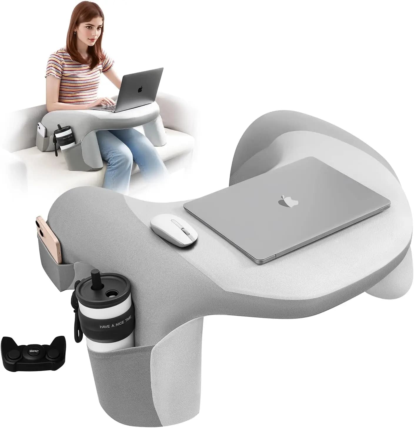 Cuscino per Laptop in Memory Foam con Supporto per Braccia e Tasca Portabicchiere per Gaming e Lettura a Letto o Divano, Grigio