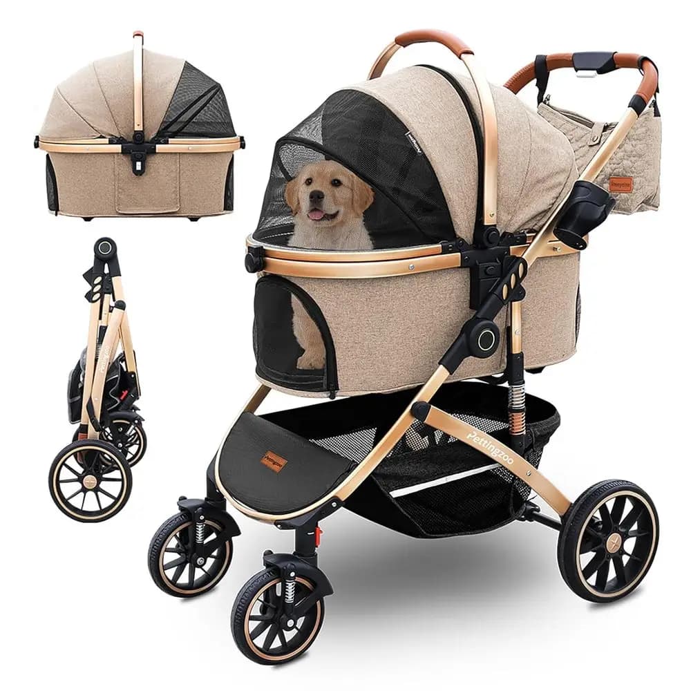 Passeggino per animali domestici a 4 ruote per cani e gatti fino a 27 kg, con cestello rimovibile, cestino portaoggetti, portabicchieri, multifunzionale 3 in 1