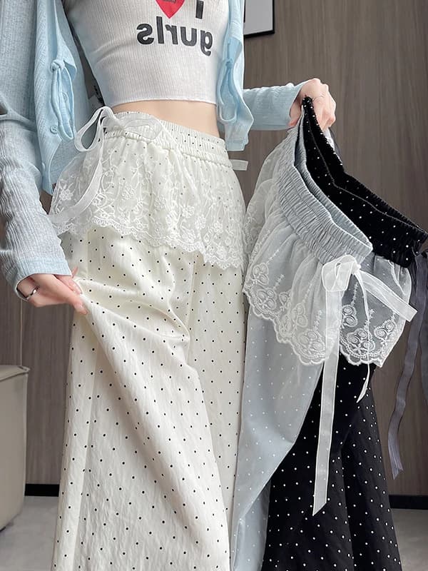 Summer Polka Dot Wide Leg Pants Women's Casual High Waist Slimming Drapey Floor-Length Straight Leggings Korean Style