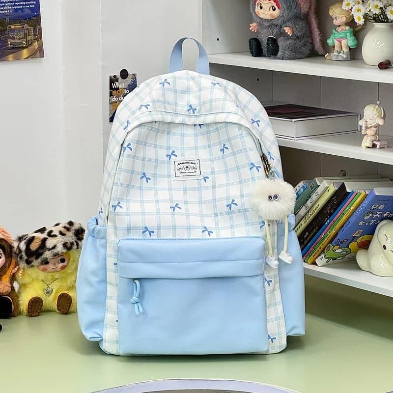 Sweet Yellow Plaid Bow Print Backpack With Pom Pom Pendant Large Capacity Nylon Girls Student School Travel Rucksack