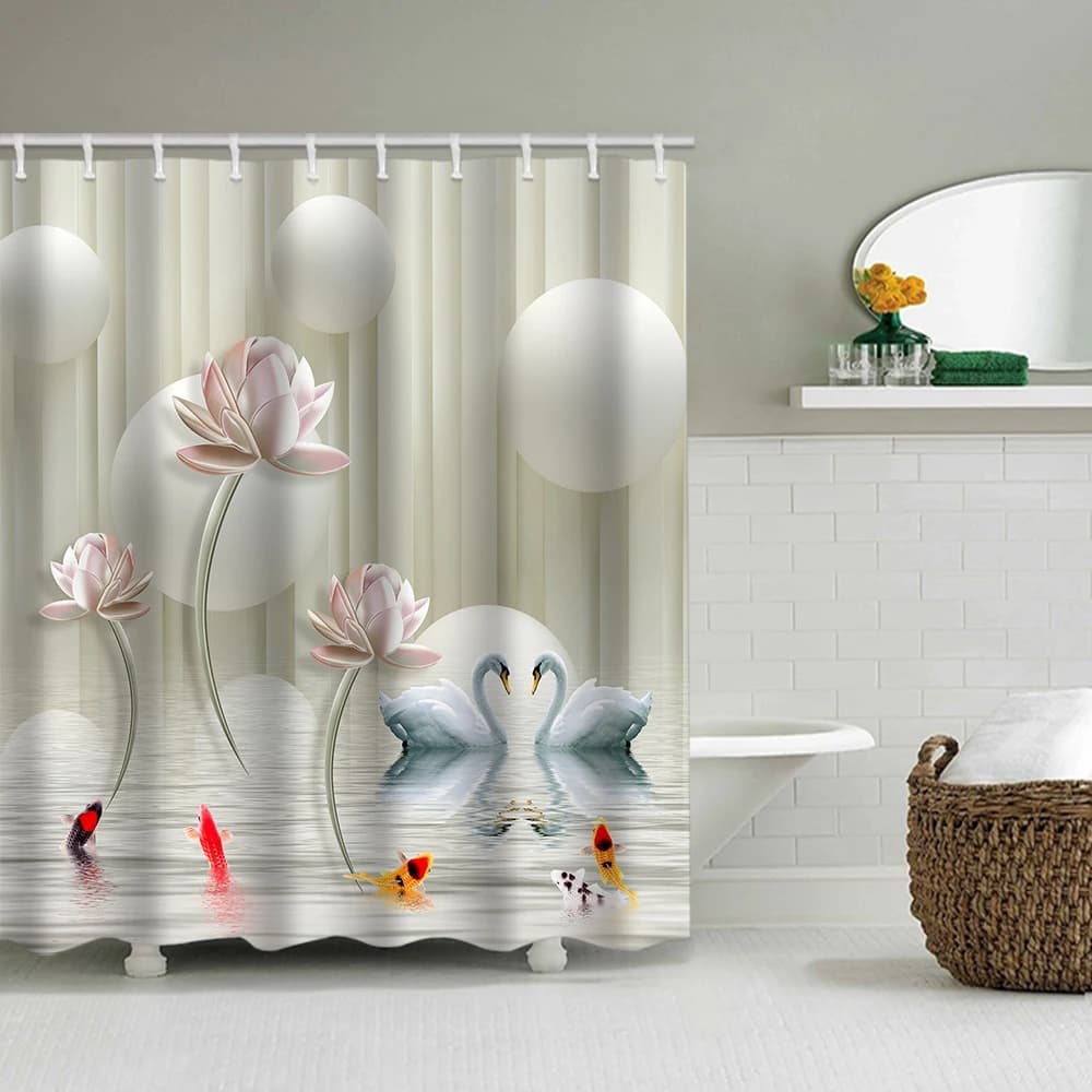 Tende con cigno a 1/4 fiori, decorazione per sedili WC, tenda da doccia con moquette e coperchio WC, ganci da 12 70,8x70,8 pollici