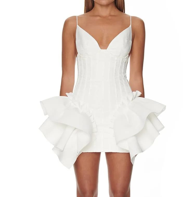 Abito Bianco Sexy da Donna 2026, Nuovo Modello Senza Maniche con Scollo a V, Volant e Schiena Scoperta, Costume per Feste, Bar, Discoteca e Performance sul Palco