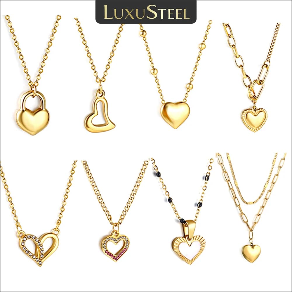 LUXUSTEEL New Stainless Steel Heart Pendant Necklace for Women Temperament CZ Crystal Charm Choker Fashion Jewelry Gifts