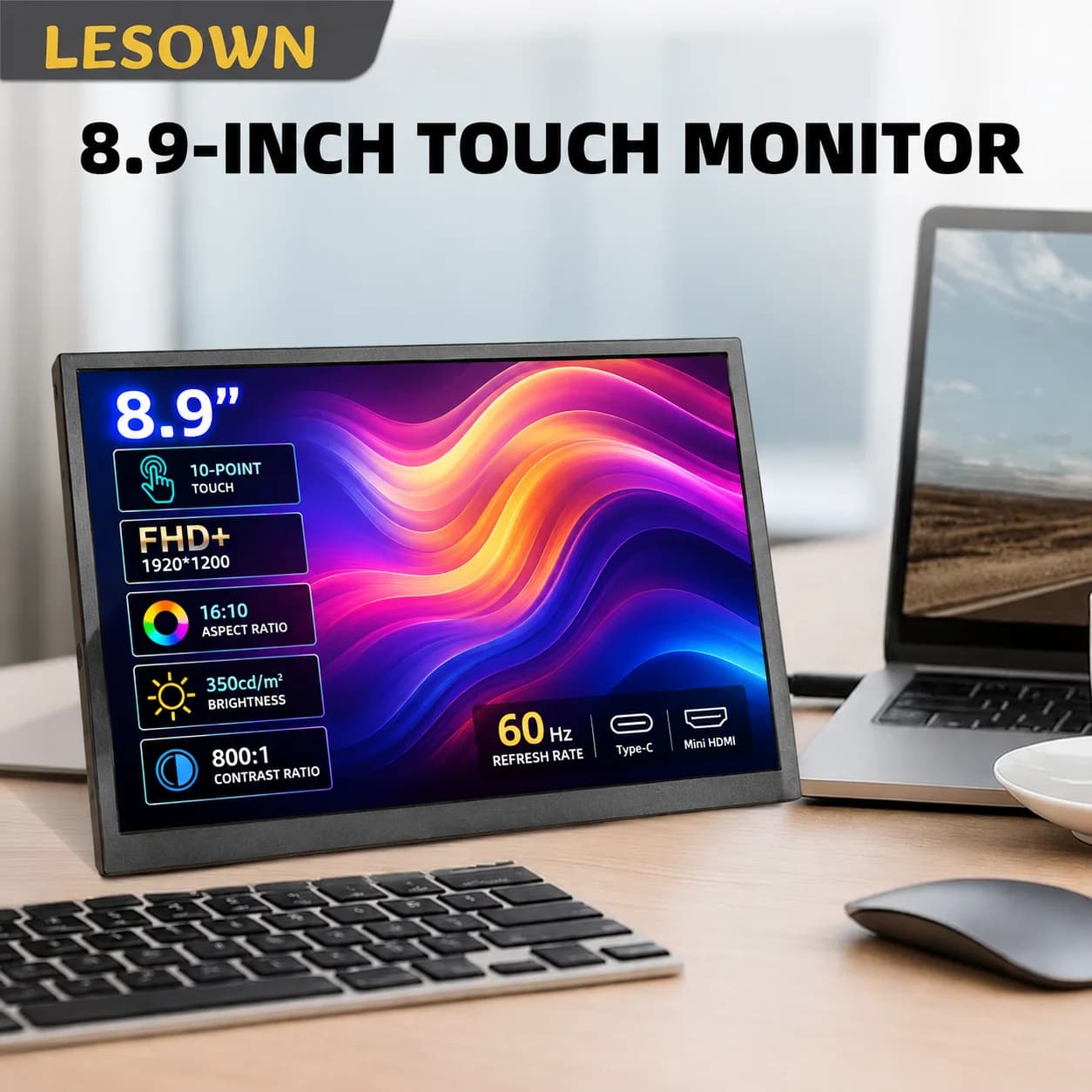 LESOWN 8.9 Inch Capacitive Touch Screen HDTV Panel Plug and Play for Raspberry Pi Gaming DIY Portable Monitor Easy Setup