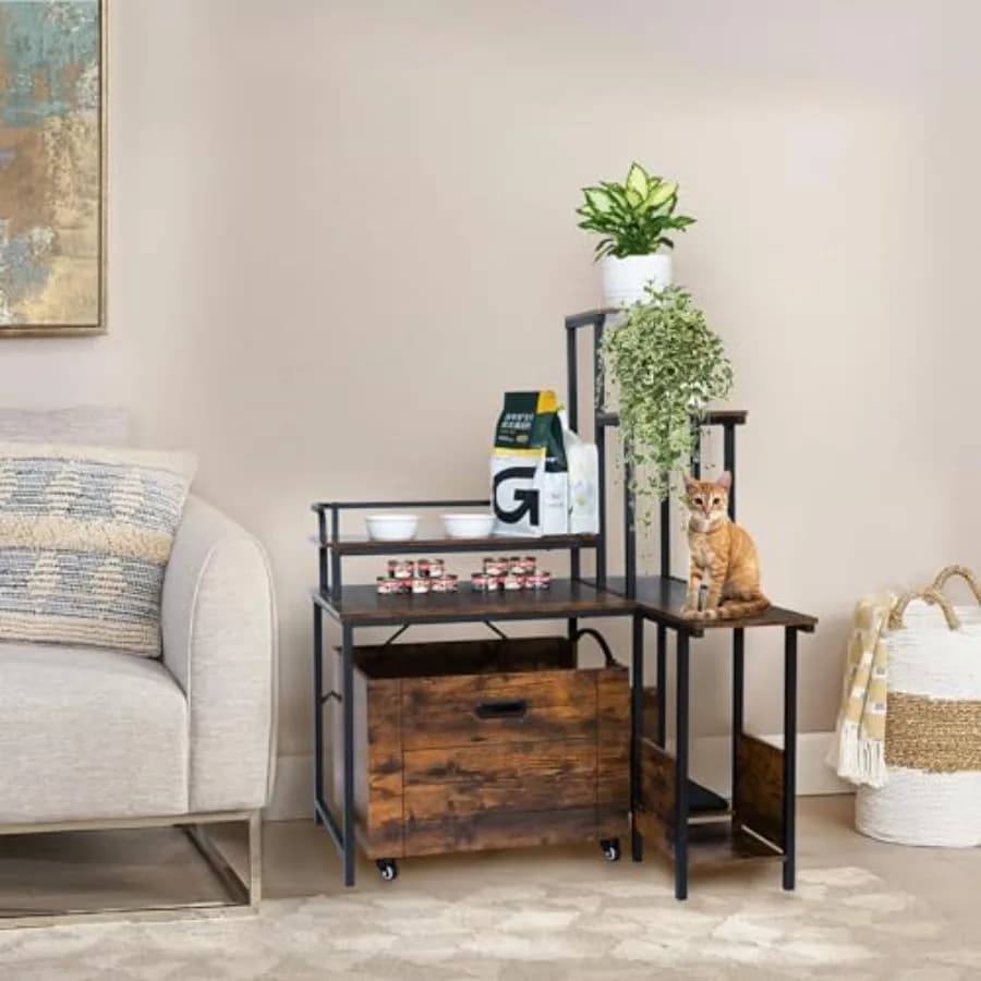 2024 New Hidden Litter Box Furniture with Flower Stand Pullable Carrying Tray Corner Wooden Cat Washroom in Beige and Brown Com