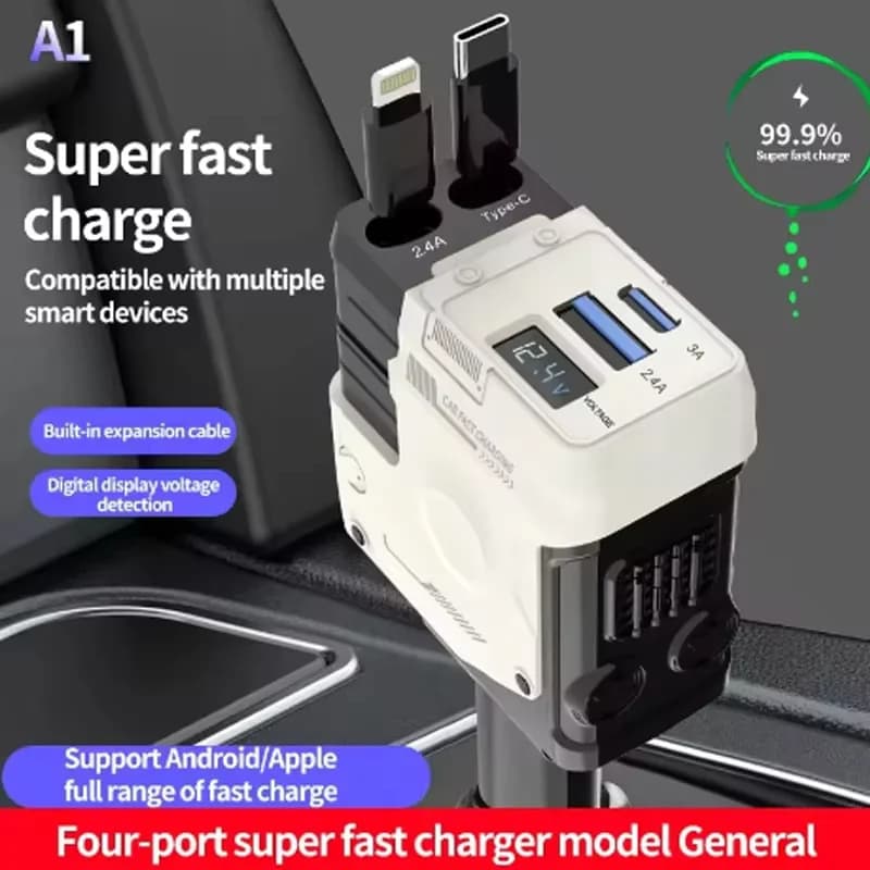 Caricabatterie per Auto 120W, Adattatore Accendisigari Retrattile 4-in-1 con Cavo di Ricarica Rapida USB Type C per Dispositivi iPhone e Android