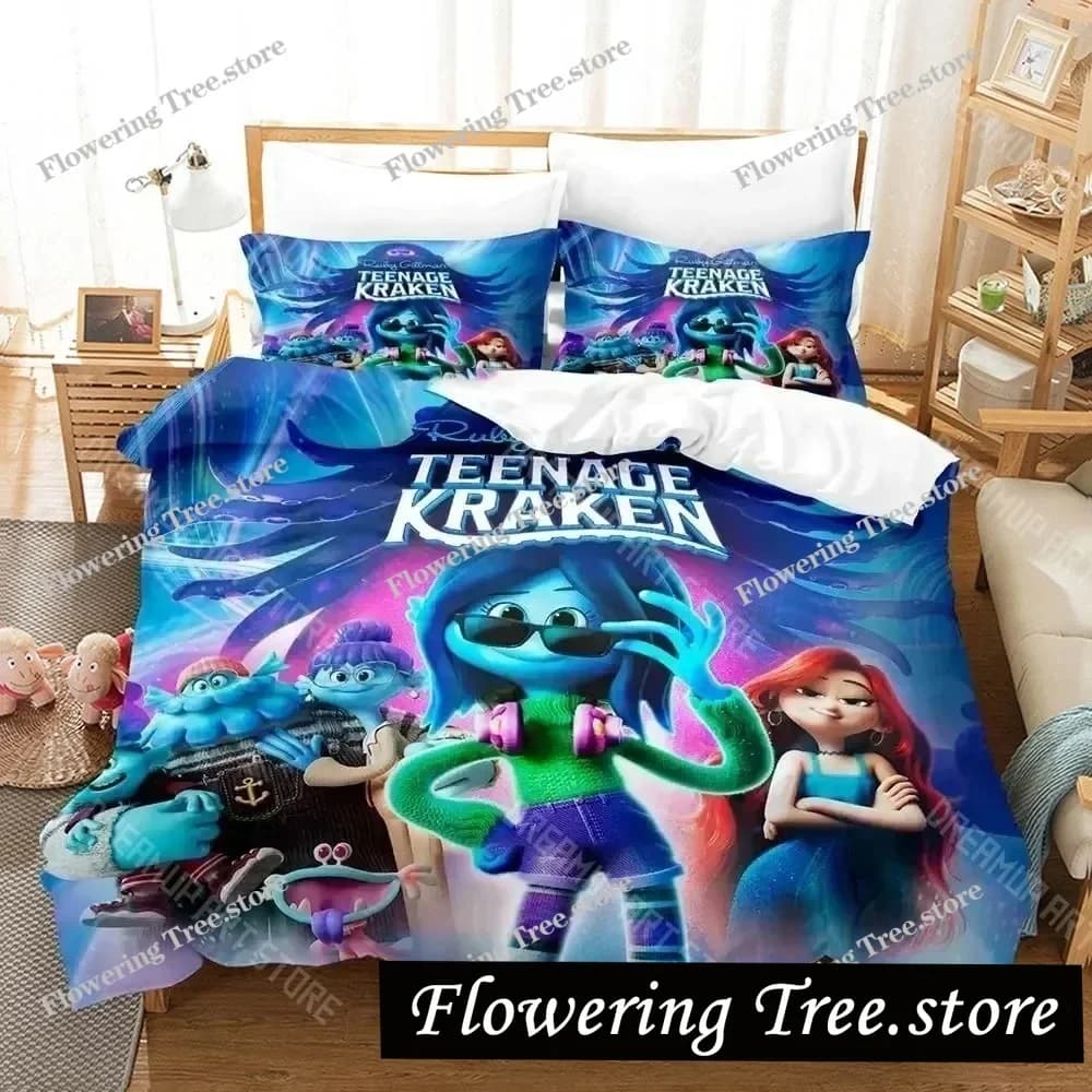Set di biancheria da letto Cartoon Ruby Gillman Teenage Kraken, copripiumino, set copripiumino, federa, piumino, misura king queen, per ragazzi e adulti