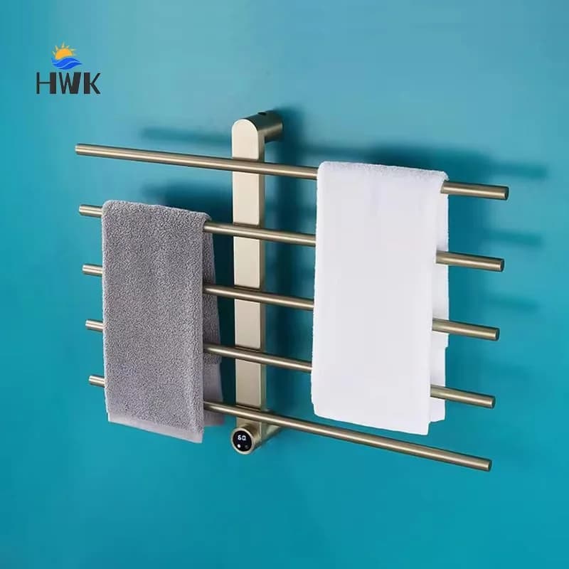Attrezzatura da bagno Asciugamani in oro spazzolato Asciugamani elettrico riscaldato in acciaio inossidabile con controllo della temperatura Portasciugamani elettrico