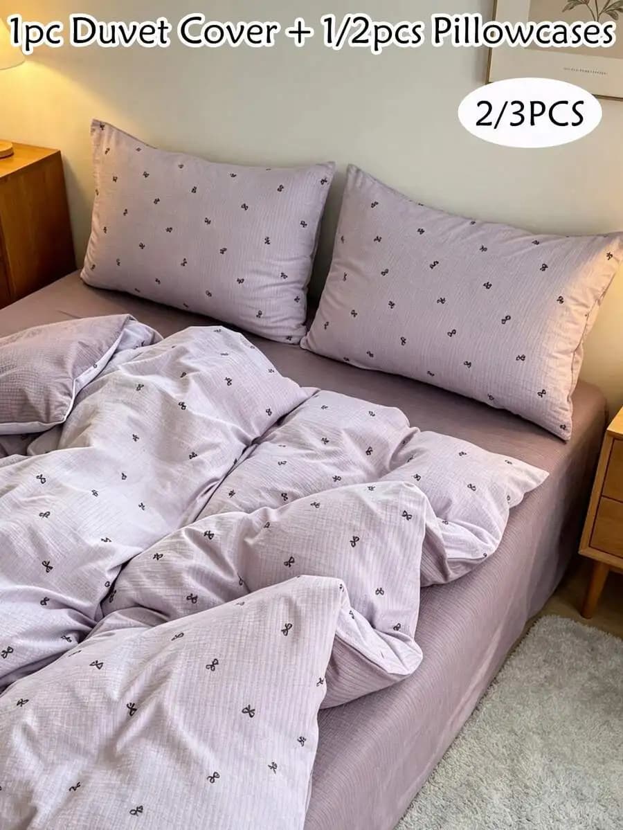 3Pcs Light Purple Printed Duvet Cover Set With Pillowcases For Adult Bed