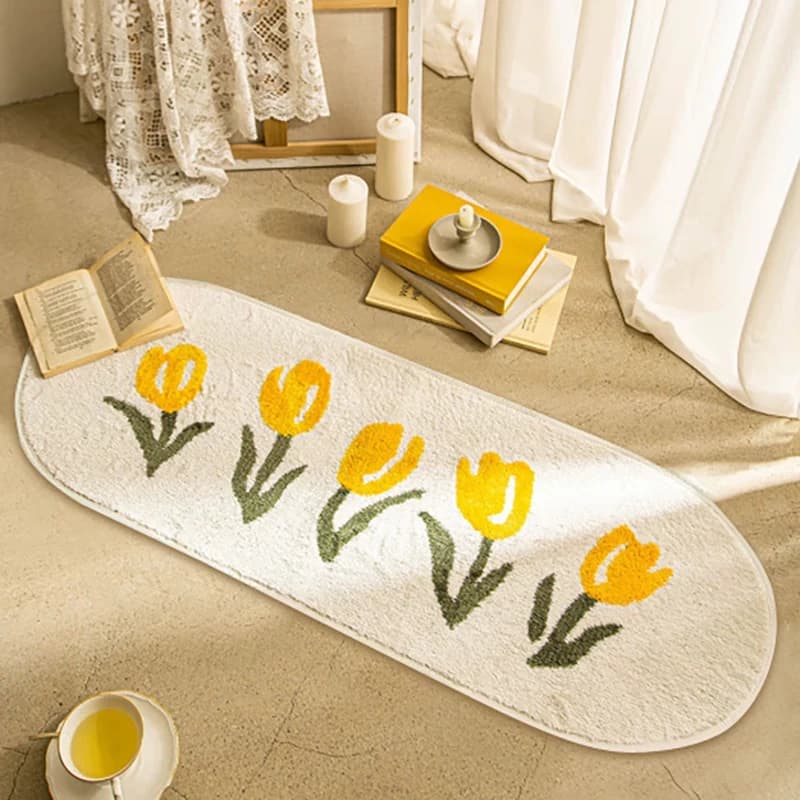 VIKAMA Tappeto a righe con tulipani freschi, morbido cuscino laterale per camera da letto, antiscivolo, resistente all'acqua, tappetino per bagno, decorazione per la casa