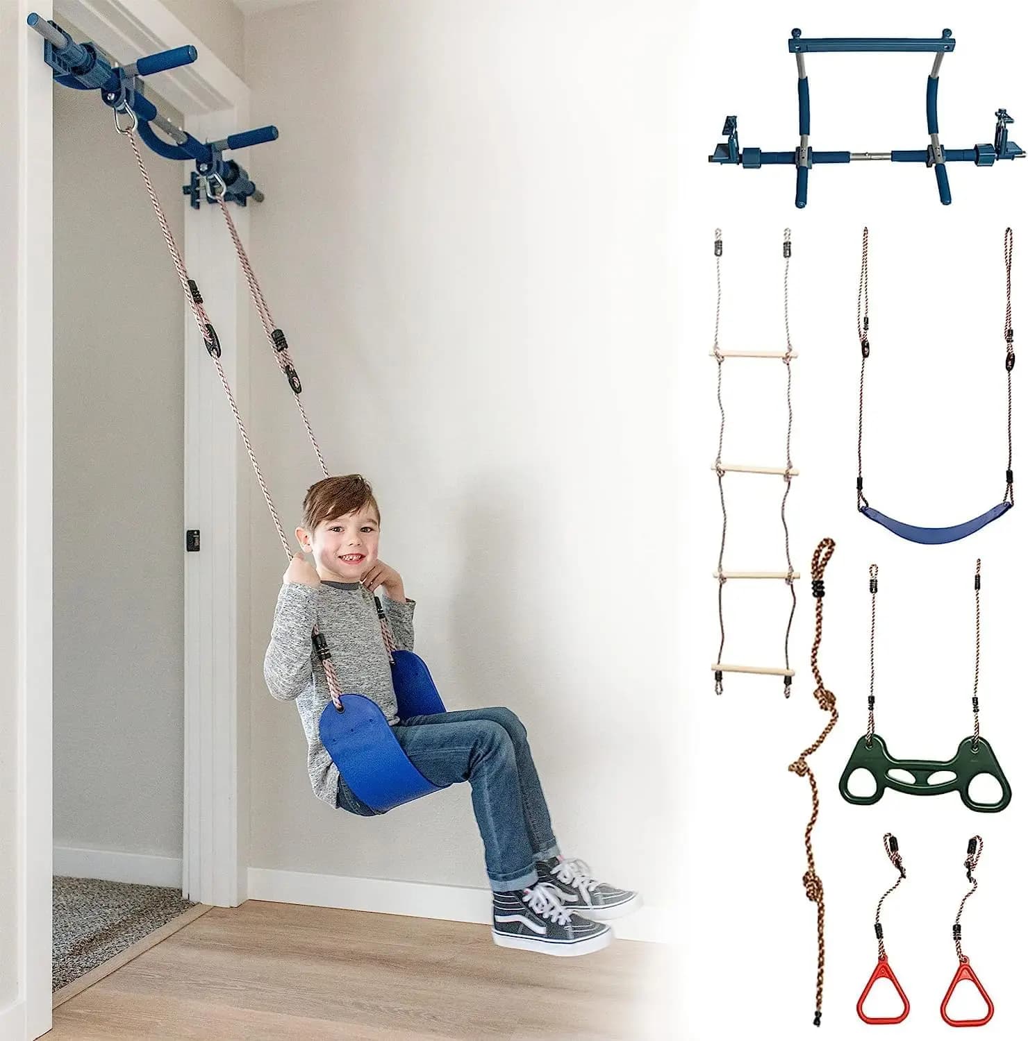 Set da gioco per interni da 6 pezzi per porta - Blu - Set da gioco per interni con altalena sensoriale, barra per trazioni e anelli, trapezio, scala