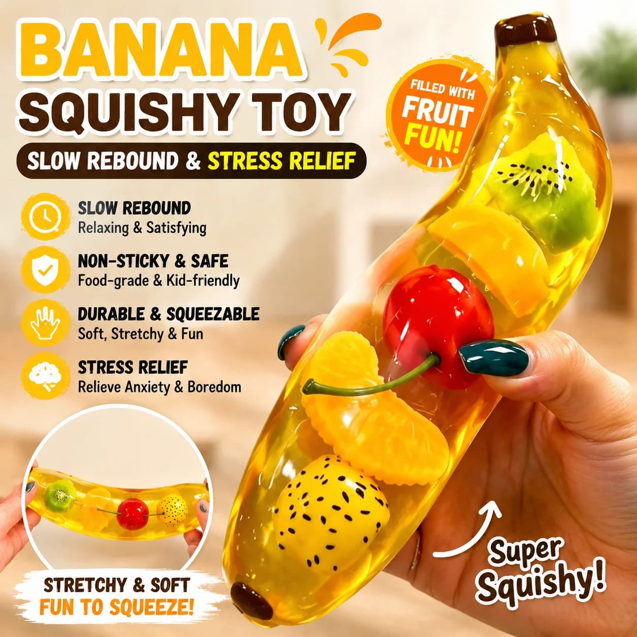 Slow Rebound Maltose Banana Squishy Toy Vaseline Fruit Squeeze Stress Relief Decompression Fidget Toy for Kids Adults