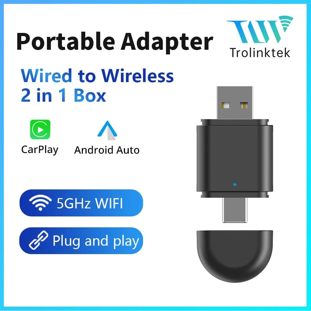 Wireless Carplay Adapter with Dual USB and Type-C Interface, from Wireless Cable, Android Auto Smart Mini Box Plug & Play, Stable Connection