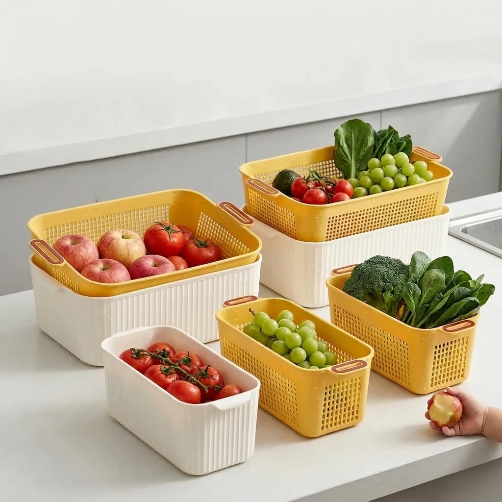 1/2/4 Pezzi Contenitore in Plastica a Doppio Strato con Manico, Cesto Scolapiatti per Frutta e Verdura, Organizer Multifunzionale da Cucina