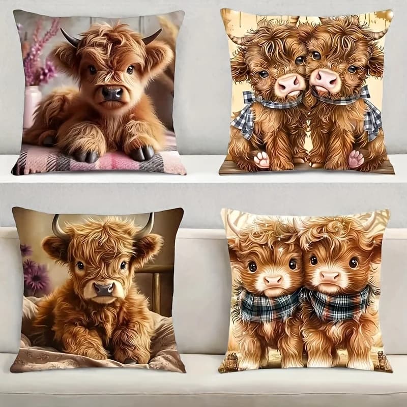 Pillow Covers Set of 4 Adorable Highland Cow Print Plush Pillow Covers Soft Comfortable Machine Washable for Living Room Sofa Bedroom Farmhouse Outdoor Decor Polyester Zipper Closure Cow Design Decorative Cushion Covers Only No Inserts Included