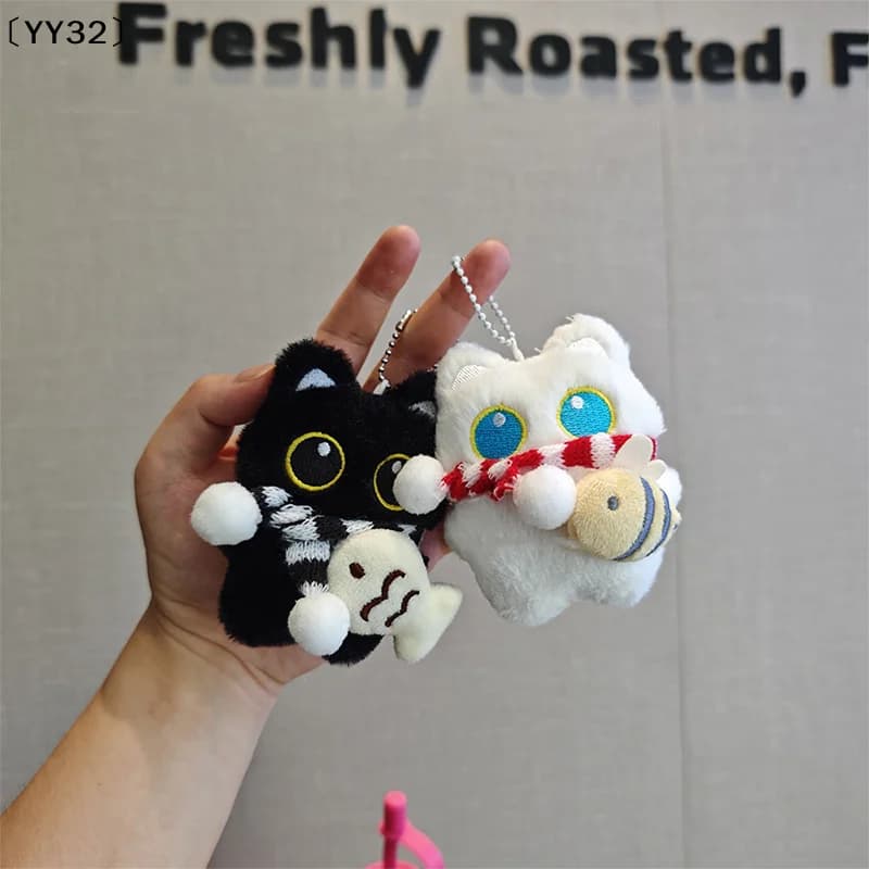 Portachiavi con ciondolo a forma di gatto in peluche bianco e nero, giocattolo cartone animato, ornamento per borsa, regalo per bambini〔YY32〕