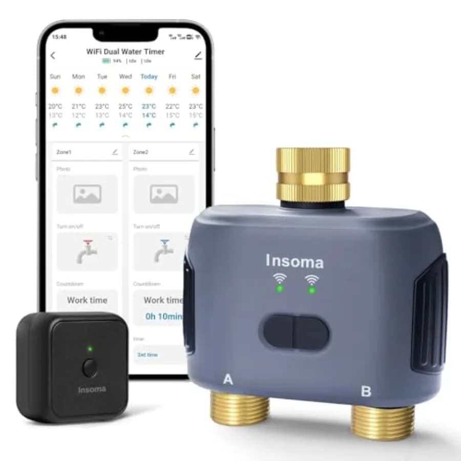 WiFi irrigation timer for garden hose with brass input and output, smart timer with WiFi hub, voice control via app, up to 20 irrigation programs