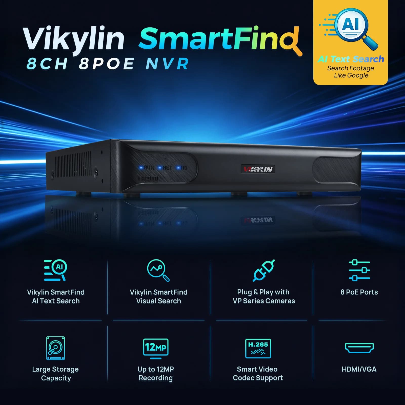 Vikylin NVR 4K fino a 12MP 8CH, Sistema di Sorveglianza CCTV Domestico con Supporto Smart Find, Registratore Video di Rete 8POE P2P H.265+