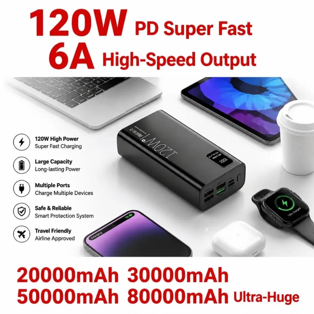 80000mAh 120W PD Fast Charging Power Bank, 6A USB C Super Fast Battery Pack for Xiaomi iPhone 16 15 Samsung S24 iPad MacBook