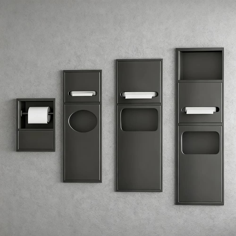 Nicchia per bagno in acciaio inox con portaoggetti, installazione a incasso, cestino per rifiuti nascosto, porta fazzoletti.