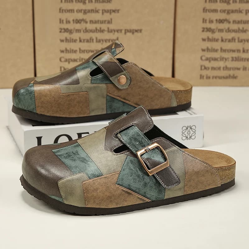 Unisex Slippers with Closed Cork Tie Slip-on Slides Fashionable leather sandals with backless comfort footrest with adjustable buckle