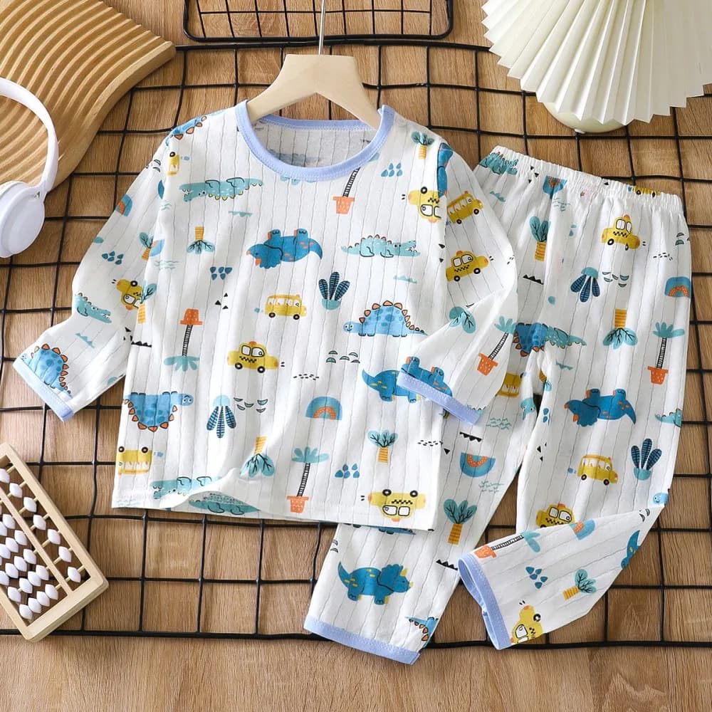 Kids Cotton Long‑Sleeve Pyjamas Set Cartoon Dinosaur Space Animal Print Soft Breathable Boys Girls Nightwear Home Loungewear