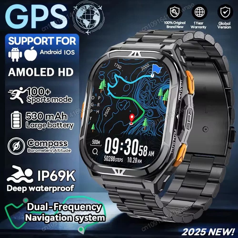 X5 Amoled 5ATM GPS Impermeabile SmartWatch da uomo Built-in Dual-band GNSS Bussola Militare Sport Tracker Smart Watch Uomo Donna 2025
