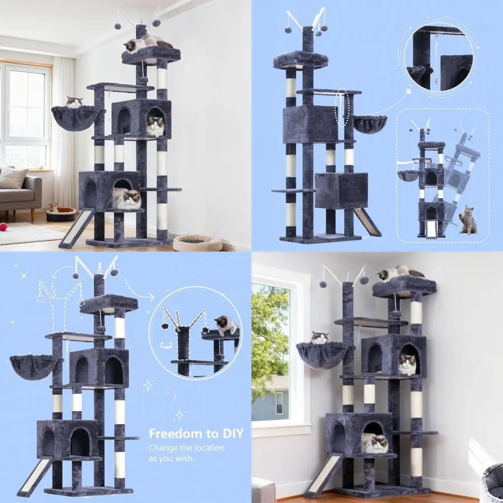 Elegante torre per gatti con tiragraffi, piattaforme, condomini, amaca e giocattoli, 59-72,8 pollici, grigio fumo