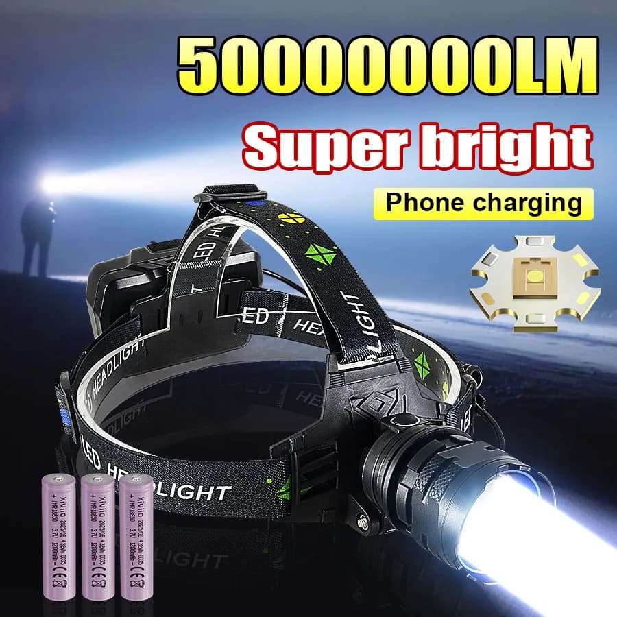 50000000LM Faro LED super luminoso Tipo-C Lampada frontale ricaricabile 2000M Torcia frontale per illuminazione per lampada frontale da pesca Lanterna