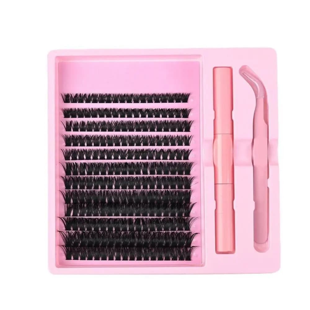 Kit di Extension Ciglia Fai-da-te Effetto Naturale a 12 File, Ciglia Finte 3D in Visone Sintetico, Design a Ciuffetti, Stile Wispy, con Adesivo e Sigillante