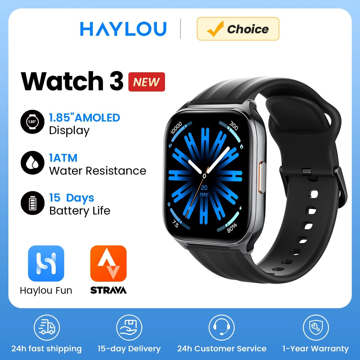 HAYLOU Watch 3 Smartwatch con Chiamate Vocali, Schermo AMOLED da 1,85'', Monitoraggio della Salute 24h, 150+ Modalità Sportive, Impermeabile 1ATM
