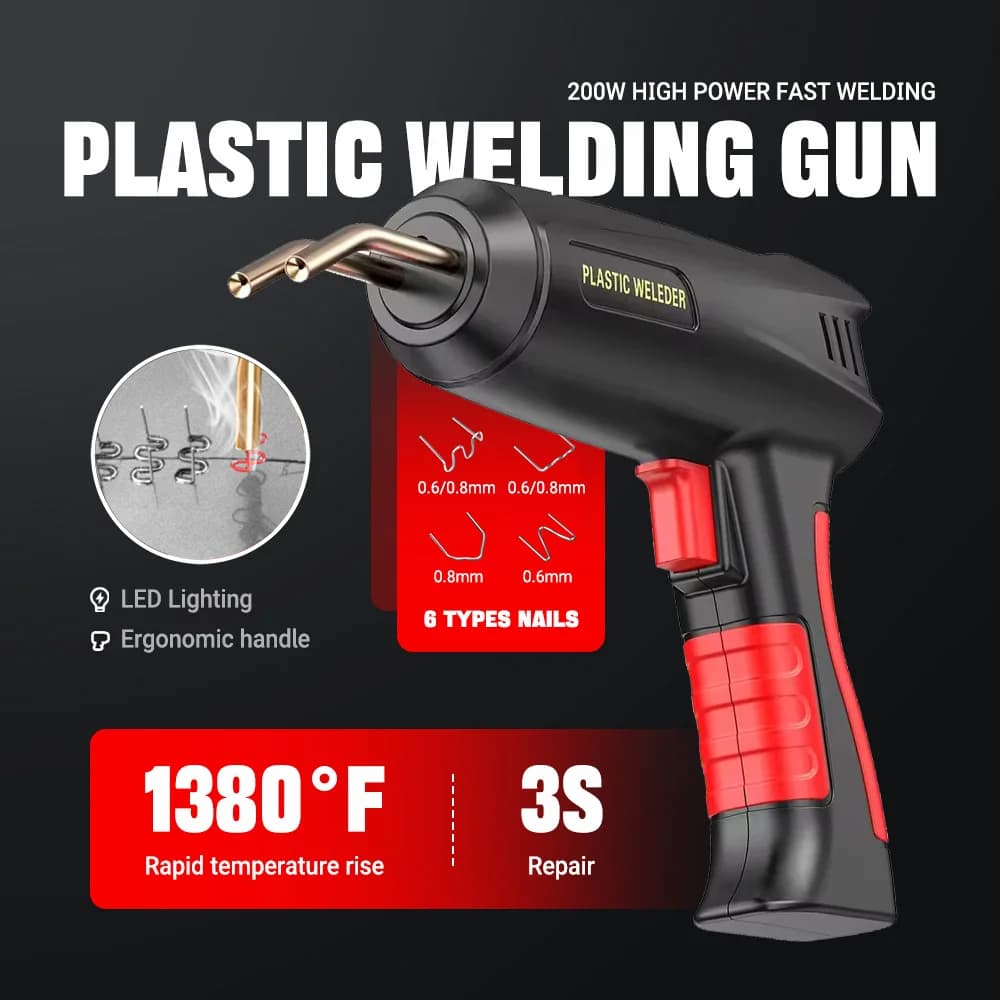 Kit pistola per saldatura in plastica multiuso da 200 W 4/6 tipi di graffette, con punta di saldatura per riparazione paraurti Fissaggio kayak e incollaggio in plastica