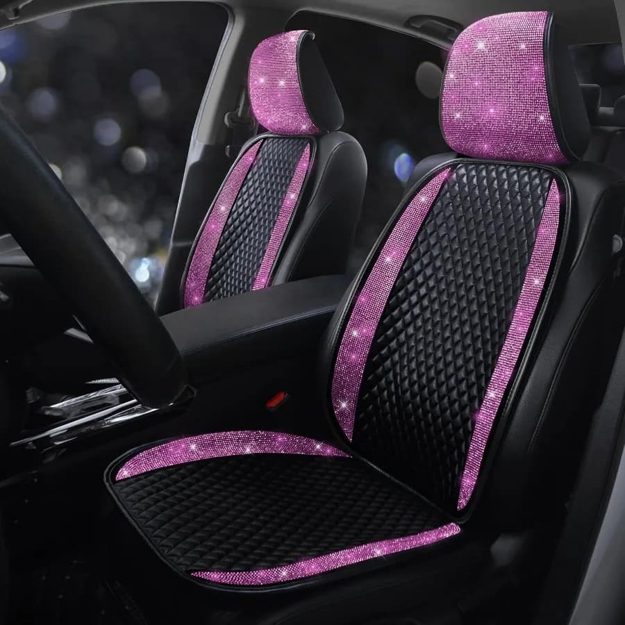 Luxury PU Leather Car Seat Cover Protector with Sparkling Rhinestones Front Auto Seat Protective Bearing with Diamonds for Girls, Women or Sides