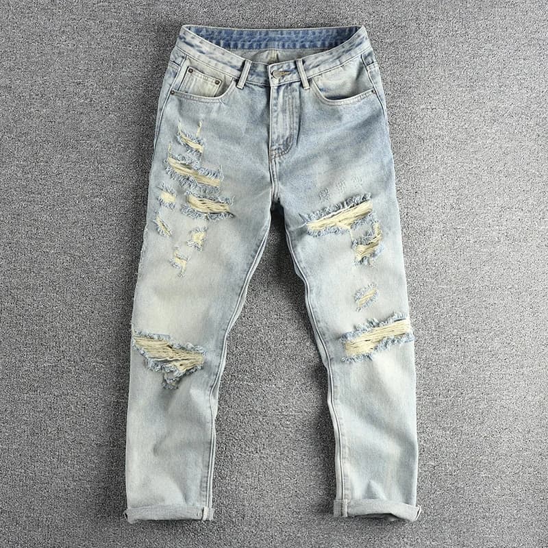 Retro Style Men's Jeans Destroyed Straight Leg Loose Fit Casual Pants Heavy Distressed Hole Design High Street Fashion