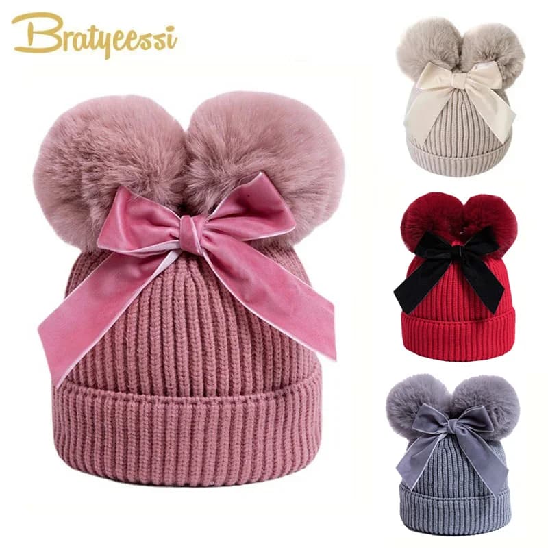 Pompon Cappello invernale per bambini per ragazze Beanie Fiocco caldo Berretto per bambini Palla di pelo Cappello per bambina Addensare neve Cappelli lavorati a maglia per bambini 6-36M
