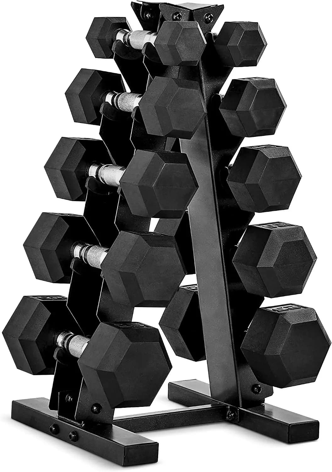 Rubber Coated Hex Dumbbell Set with Storage Rack, Space Saving Vertical Compact Organizer, Premium Weight Training Equipment for Home Gym Strength Training