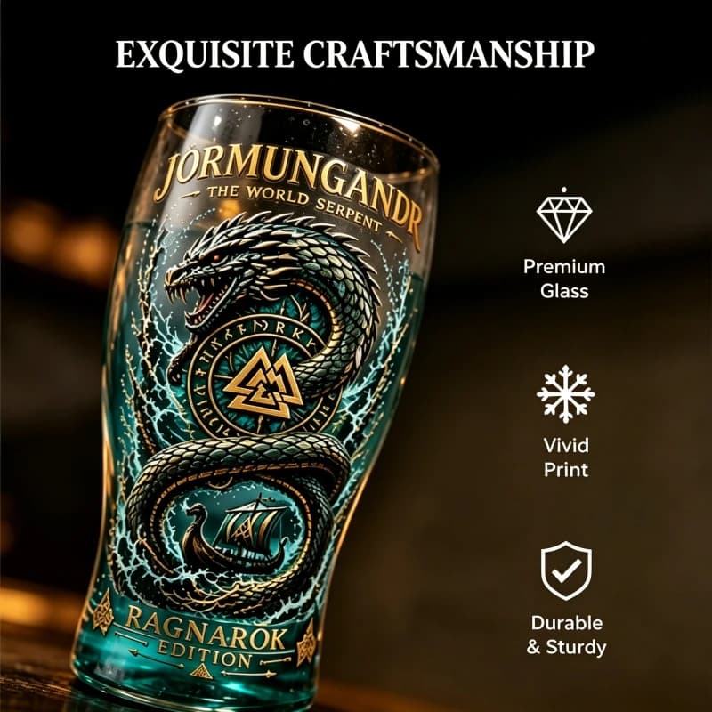 Bicchiere in Vetro con Serpente Jormungandr Vichingo, Boccale da Birra della Mitologia Norrena, Stampa Drago Nordico, Decorazione per Pub e Bar