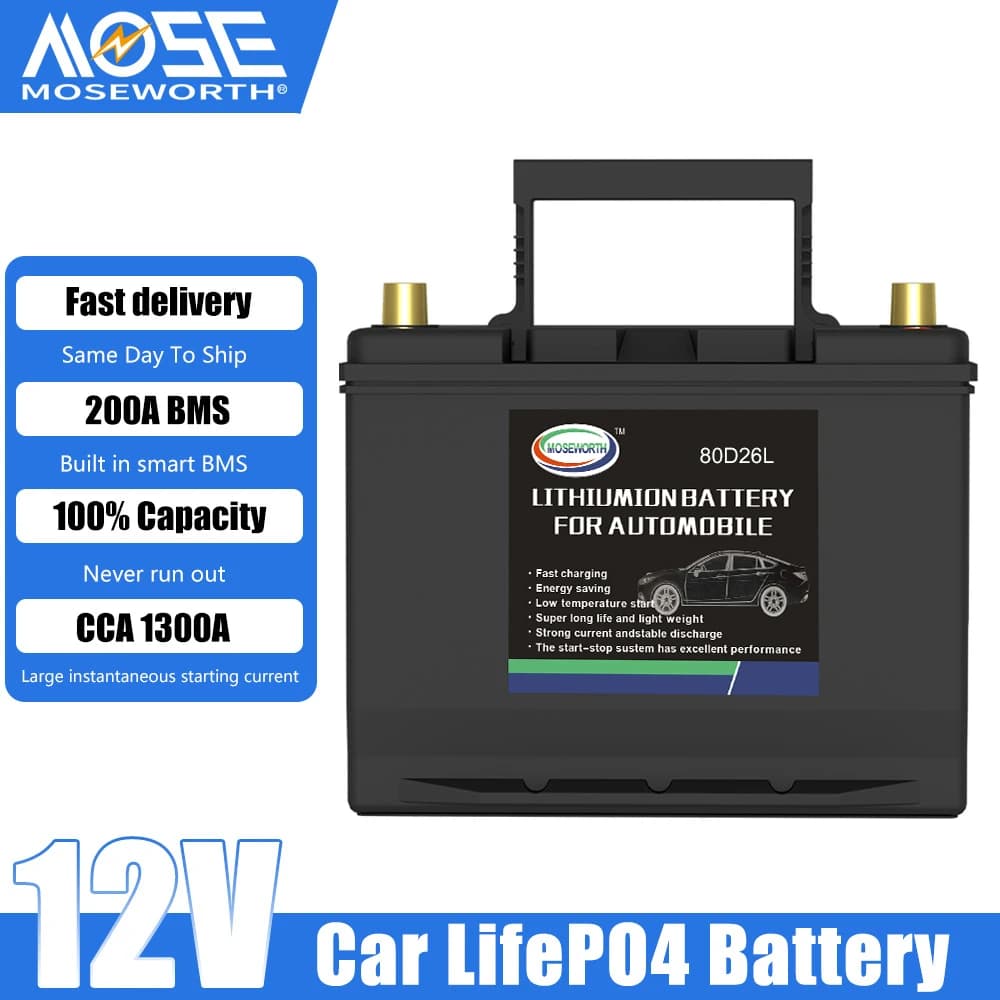 80D26L/R 12V LiFePO4 Batteria per auto Jump Starter 80Ah CCA1300 Batteria di ricambio portatile ricaricabile al litio ferro fosfato per auto