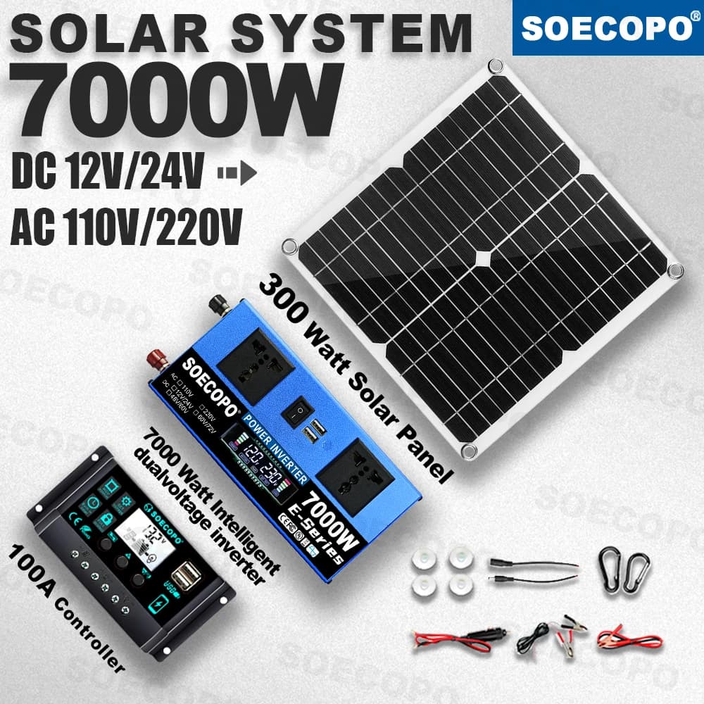 SOECOPO ® Kit Sistema Solare da 7000W per Casa e Camper con Pannello da 300W + Regolatore da 100A + Inverter da DC 12V/24V a AC 110V/220V CE/RoHS
