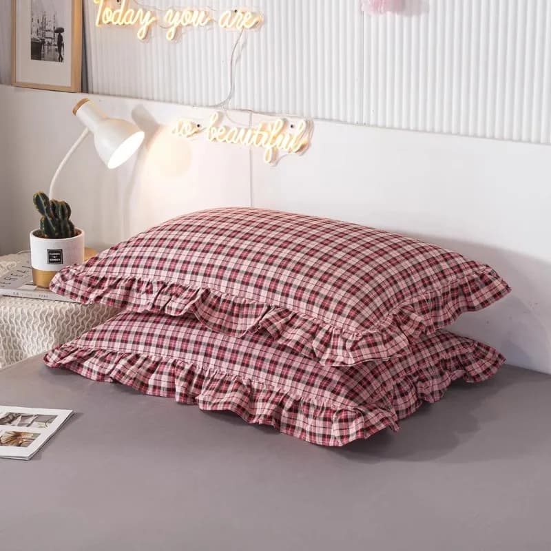 Federa per cuscino in cotone pieno Biancheria da letto spessa Federa di lusso con volant Fodera per cuscino scozzese a righe Decorazioni per la casa 48x74 cm