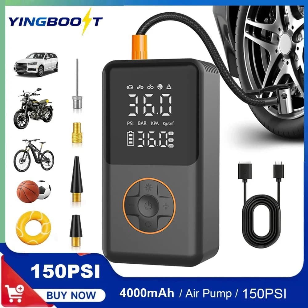 YINGBOOST Mini Bicycle Tire Pump 150 PSI Air Cooler Wireless Air Compressor, Car Air Pump with Pressure Gauge, LED Light