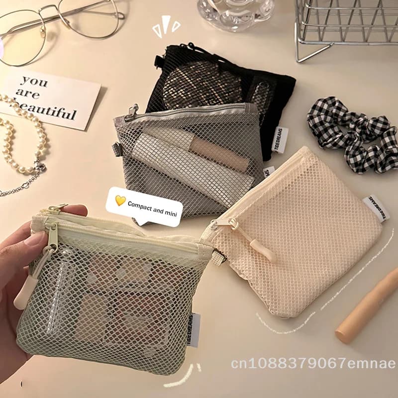 [ZYAS] Borse da viaggio per cosmetici, pochette a rete, mini borsa portamonete semplice e portatile, porta carte quadrato multiuso a doppio strato con cerniera