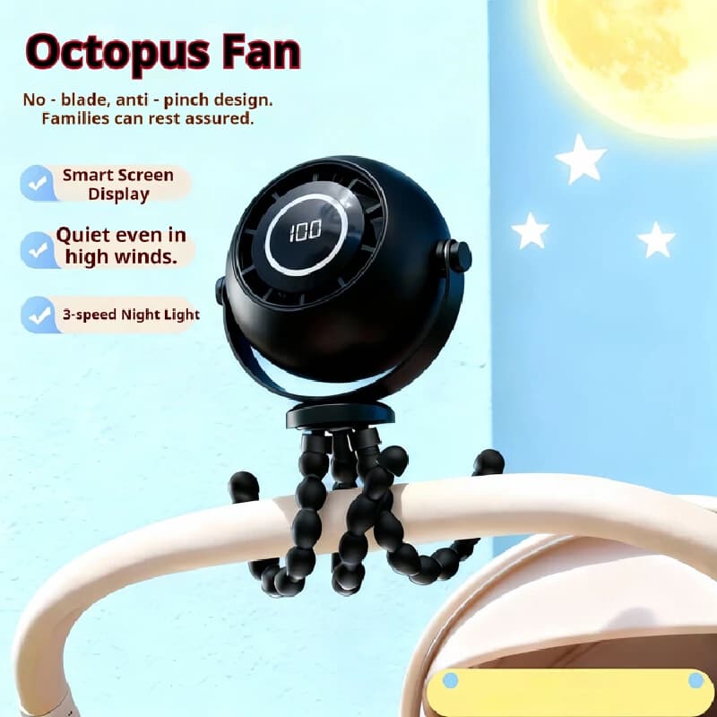 Portable Octopus Stroller Fan with LED Night Light, Quiet USB Rechargeable Mini Desk Fan, Flexible Tripod for Baby Carriage