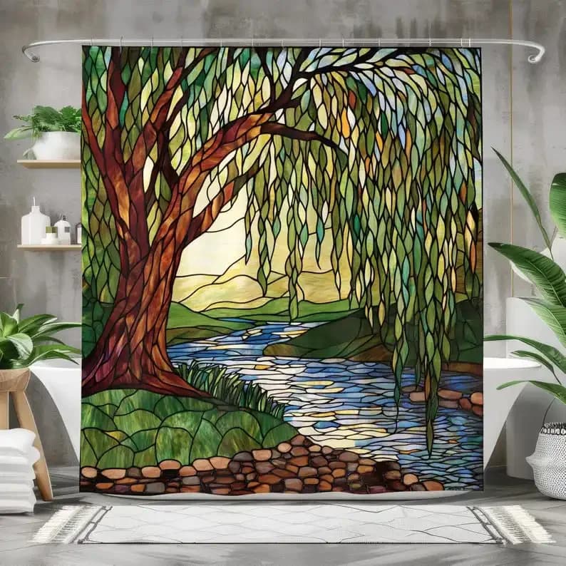 Shower curtain with willow tree – Colorful glass river landscape art, bathroom furniture in green, brown and blue waterproof fabric