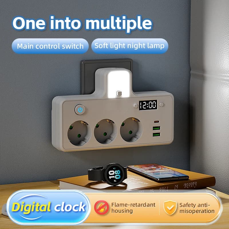 EU Plug socket power strip outlet wall socket power outlet power socket adapter 3 AC Outlets 2 USB 1 Type-C clock night light